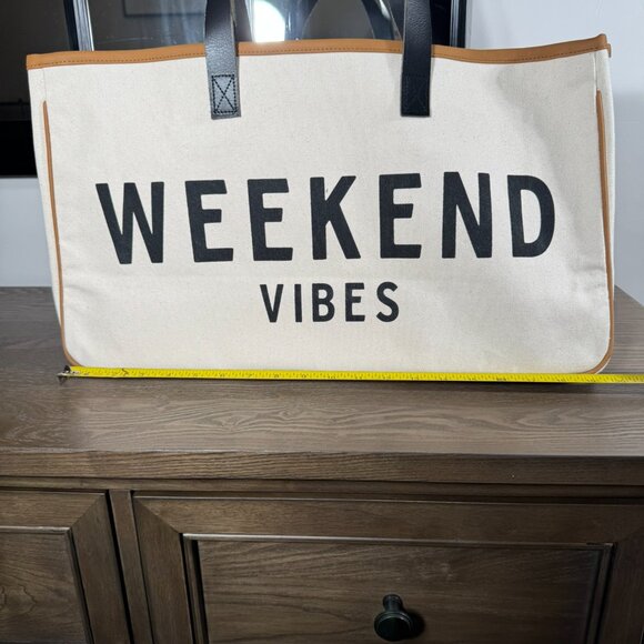 Weekend Vibes Canvas Tote Bag - Large Cream & Black Leather Handle Weekender - Picture 7 of 11